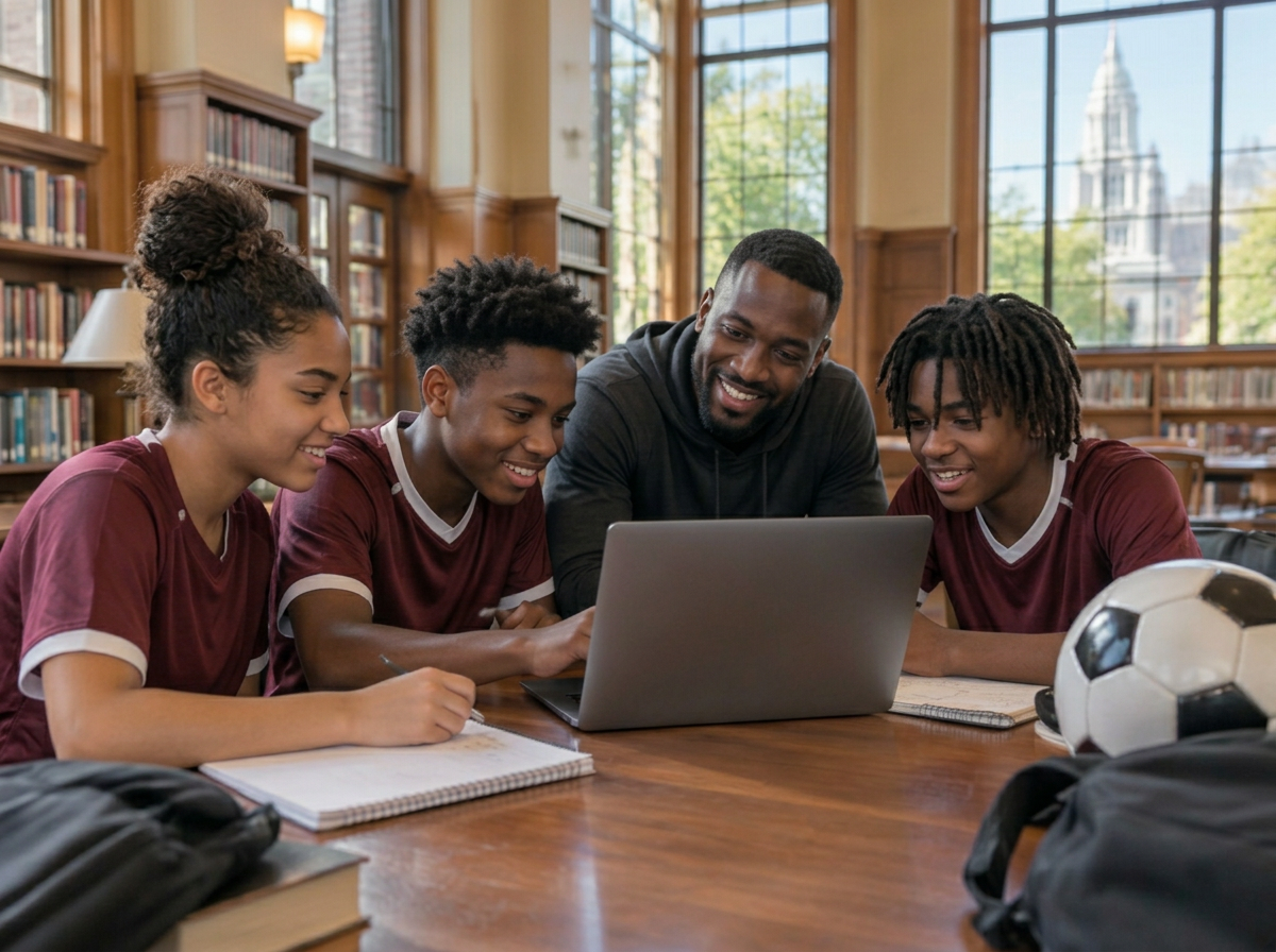 Illustration of young soccer players learning together with a mentor in a library